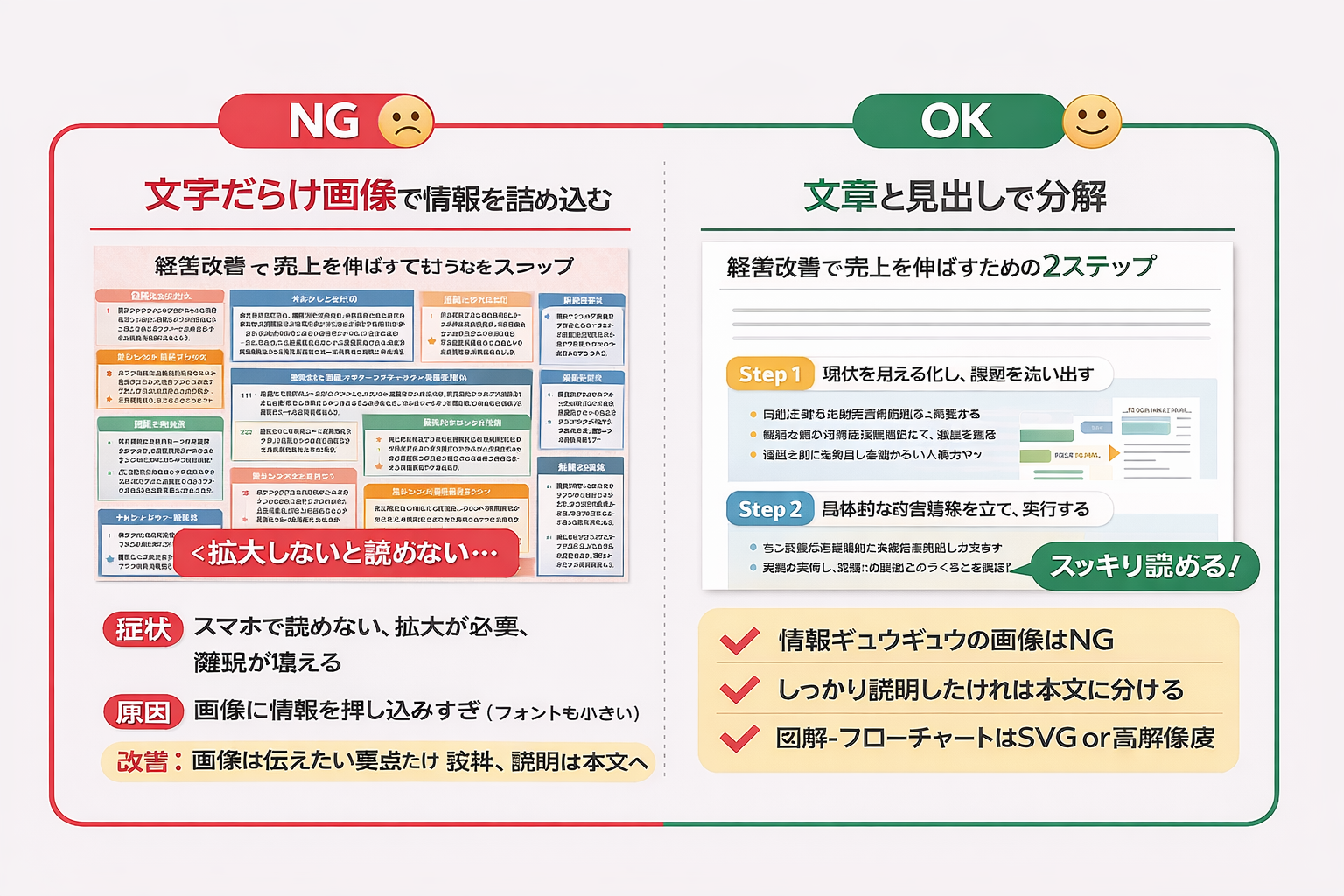 NG例:文字だらけの画像で読みにくい vs 文章と見出しで整理した例