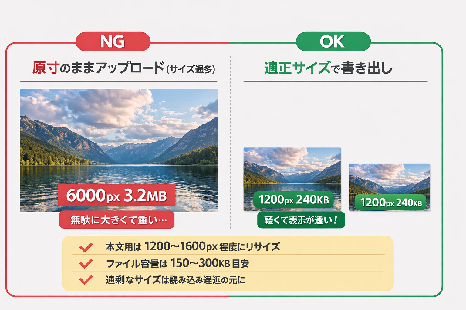 NG例:原寸アップで重い vs 適正サイズで軽い比較